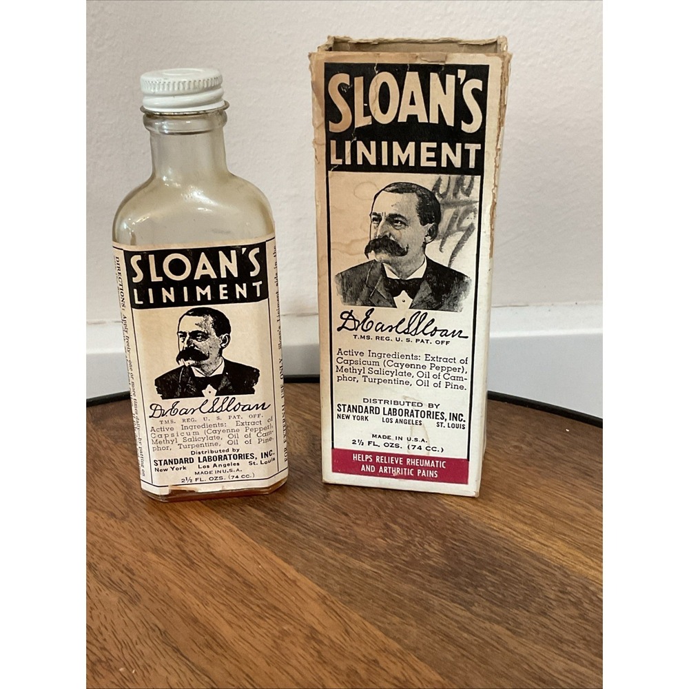 Vintage Sloan's Liniment Embossed Box & Bottle 2.5 oz - half full pharmacy decor
